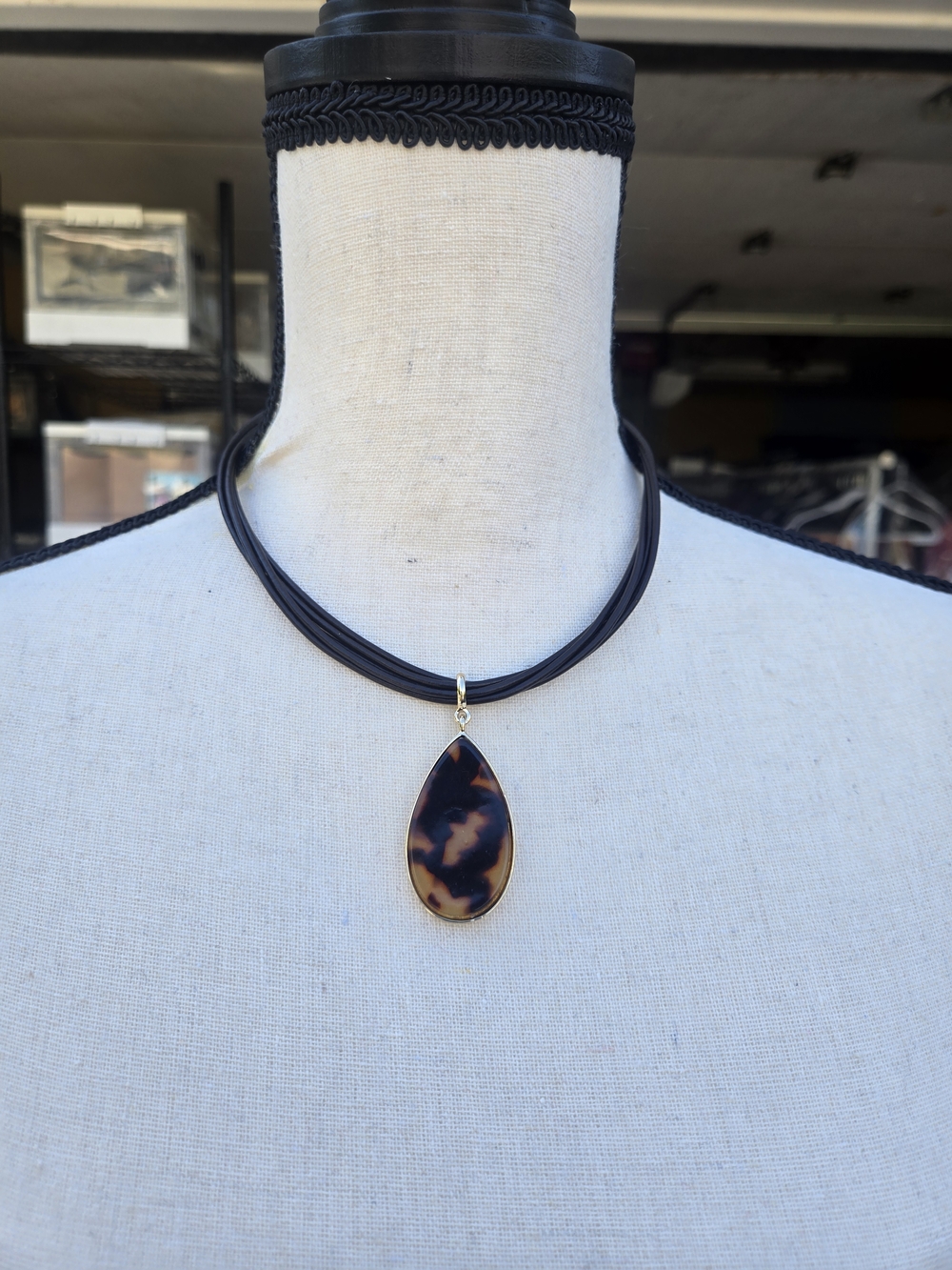 Lauren Ralph Lauren Tortoiseshell Pendant Necklace Black Cord Gold Tone